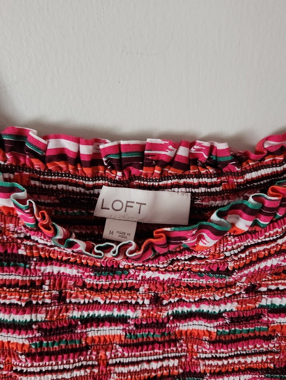 LOFT Multicolored Red Striped Smocked Peplum Top Sz M - Picture 3 of 5